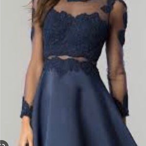 Dancing Queen navy blue lace and mesh long sleeve fit and flair dress SMALL